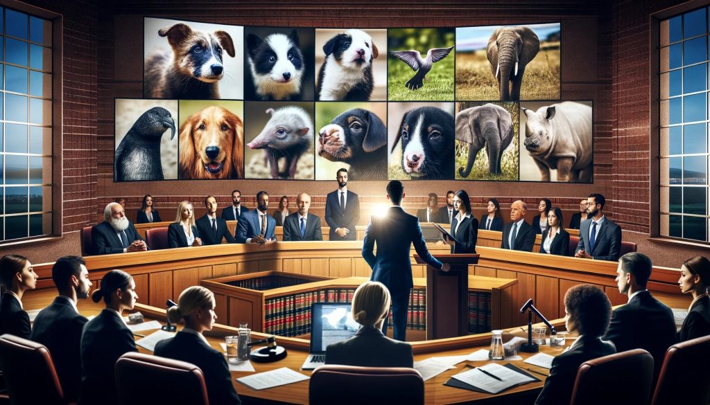 Lawyers defending against animal cruelty in a courtroom.